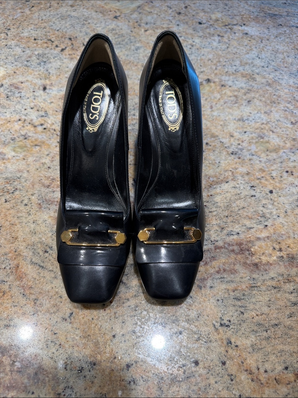 Tod's Black Leather Square-Toe Heels with Gold Accent
